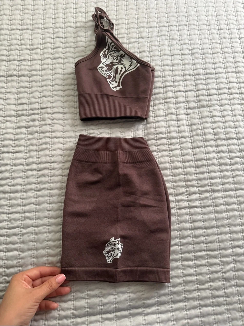 Darc Sport Brown Ribbed Pencil Skirt & Asymmetrical Crop Top Set with White Wolf